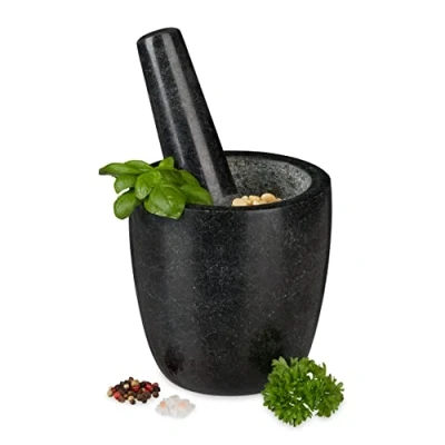 Imagen de Relaxdays Mortero Granito con Mano, Resistente, Duradero, Especias, Hierbas, Moledor Piedra Pulida, 13cm Ø, 500ml, Negro