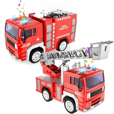 Imagen de TOYABI 2 Piezas Camion Bomberos Juguete, Camión de con Luces y Sonidos Figura Acción Coleccionable, Escalera Rescate giratoria 360, Juguetes para niños a Partir 3 años