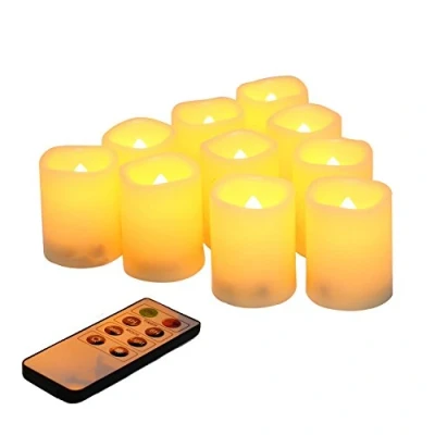 Imagen de velas de té votivas LED parpadeantes sin llama con control remoto, funciona pilas, juego 10 eléctricas para exteriores, temporizador Navidad, decoraciones Navidad (pilas