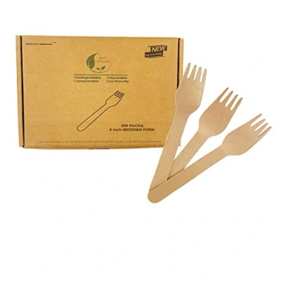 Imagen de Tenedores de Madera Desechables, 200 Pieces Ecológicos Biodegradables Compostables Cubiertos Utensilios, 100% Natural Tenedor