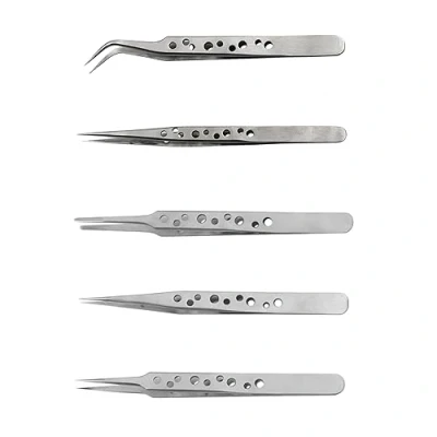 Imagen de 5 pinzas antiestáticas de acero inoxidable, 4 rectas y 1 pieza curvas, con punta precisión, utilizadas para reparación joyas, electrónica