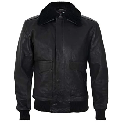 Imagen de Infinity Leather Chaqueta de Bombardero Piel Oveja Negra A2 Los Hombres con Cuello Desmontable L