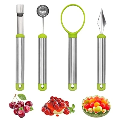 Imagen de juego de herramientas fruta, 4 piezas cortadores frutas bolas acero inoxidable cuchara melón utensilios cocina para ensaladas DIY