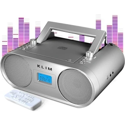 Imagen de KLIM Boombox B4 Reproductor CD Portátil con Radio FM y batería Recargable + Nuevo 2024 Bluetooth, MP3, AUX, FM/Am, CD, USB Mando Función de Autoapagado Player Plata