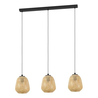 Imagen de Eglo Dembleby Lámpara colgante vintage de 3 focos, natural, estilo Hygge, con pantalla en forma cesta trenzada madera, para mesa comedor, salón, marrón claro, acero, casquillo E27