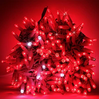 Imagen de Luccika Cadena de luces Navidad LED profesional con MaxiLED para restaurantes, hoteles, calles y caminos, uso exterior e interior (rojo flash blanco hielo, 10 metros 100 LED)
