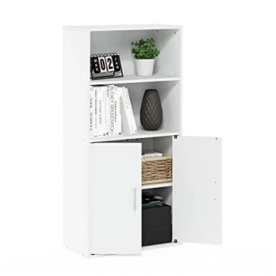 Imagen de Furinno Pasir Armario de Almacenamiento con 2 estantes Abiertos y Puertas, Madera ingeniería, White, 59.9(W) x 121.4(H) 30(D) cm