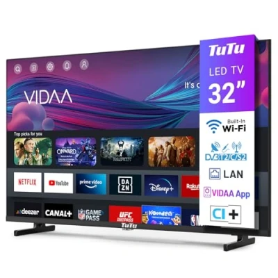 Imagen de TuTu Smart TV 32 Pulgadas LED HD Televisión con WiFi, App Store, Sintonizador Digital, Prime Video, Netflix, Youtube, DAZN, Disney+, Pluto TV, Apoyado por VIDAA (TUV32HQ1B, 2024)