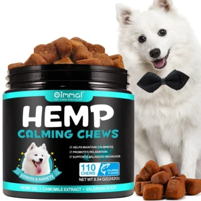 Imagen de HRAMEX Calming Chew para perros (aroma de salmón 110 unidades), masticables calmantes mascotas, aperitivo estrés tu perro, promueve la relajación, reduce el estrés, con ingredientes