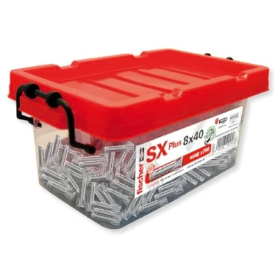 Imagen de fischer 568733 BigBox Tacos pared para hormigón SX Plus 8x40 fijar lámparas, cuadros, aires acondicionados Big Box 750 Unidades + 4 Brocas de diámetro 8