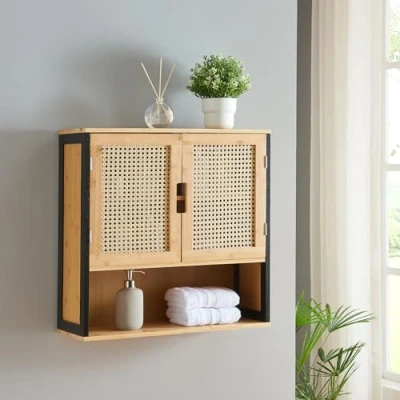 Imagen de [en.casa] Mueble de Baño Tervola para con Puertas Estantería Pared Compartimento Cerrado y un Estante Dormitorio Oficina MDF Bambú 60 x 20 cm Negro/Natural