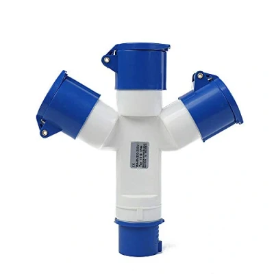 Imagen de Adaptador de 3 enchufes con tapa polos, 16 A, 220 V, industrial, IP44, regleta caravanas/autocaravanas, barcos, astillero, conector corriente industrial distribuidor