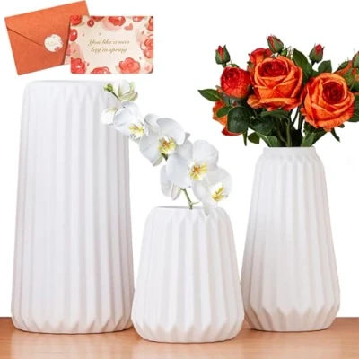 Imagen de UCAMP Jarrón de Cerámica Blanco,Juego 3 Jarrones Cerámica,Jarrón Flores Decorativos Modernos,Jarrones para Sala Estar,Boda,Mesa Cena,Jarron Ceramica Decoración del Hogar