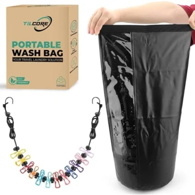 Imagen de Lavadora de Viaje y Cuerda para Tender Retráctil Ropa a Mano Portátil Bolsa Lavandería Duradera Camping Manual