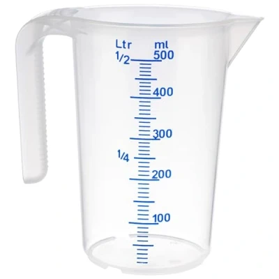 Imagen de APS vaso medidor de 0,5 litros, diámetro 9 x altura: 14 cm, plástico con escala exterior en relieve, mango abierto, división L/ml, apto para lavavajillas