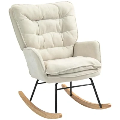Imagen de HOMCOM Mecedora Tapizada en Chenilla Silla con Patas de Madera Haya y Reposabrazos para Lactancia Carga 120 kg Dormitorio Salón Beige