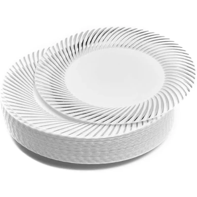 Imagen de MATANA 20 Piatti da Dessert in Plastica Bianca Premium con Bordo Argento, 18cm Eleganti, Resistenti e Riutilizzabili Piattini per Matrimoni, Compleanni, Natale, Barbecue, Feste