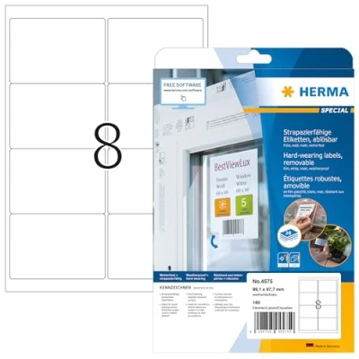 Imagen de HERMA 4575 Etiquetas de papel aluminio resistentes a la intemperie, extraíbles, 20 hojas, 99,1 x 67,7 mm, 8 hojas por A4, 160 unidades, autoadhesivas, imprimibles, mate, en blanco, blanco