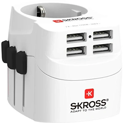 Imagen de SKROSS 1.302461 Pro Light USB (4xA) Adaptador Universal de Viaje + 4 4.8 A. Voltaje y Potencia: 100V 700W / 250V 1750W. Apto para PC secador pelo. Protección antichoque