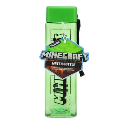 Imagen de Paladone Minecraft Botella de agua plástico cuadrada viaje con correa para la muñeca, regalo niños, 500 ml