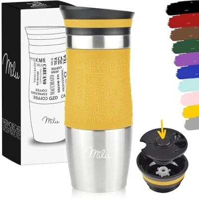 Imagen de Milu Taza aislante de café y té para llevar 370ml 450ml 100% a prueba fugas acero inoxidable beber vaso aislamiento al vacío Caliente frío (Mango, 370ml)