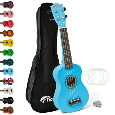 Imagen de Tiger UKE7 Ukelele soprano para principiantes, incluye estuche, púa de fieltro, juego cuerdas repuesto , ahora equipado con Aquila, Azul