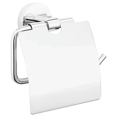 Imagen de tesa Soporte portarrollos WC con Tapa EXXCELLENT, metal cromado brillante, autoadhesivo, tecnología adhesiva de montaje, 140mm x 138mm 52mm
