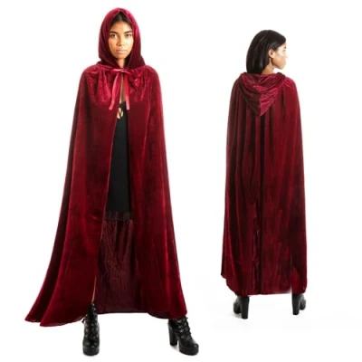 Imagen de Various Largo Capa Rojo Oscuro con Capucha Terciopelo Disfraz de Vampiro Halloween Medieval para Fiesta Carnaval y Adulto Mujer Hombre, 150cm