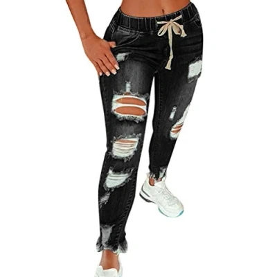 Imagen de Vaqueros Mujer Rotos EláStico Rectos Tejanos Skinny Slim Boyfriend Jeans Denim lápiz Pantalones con Cordón A Negro M