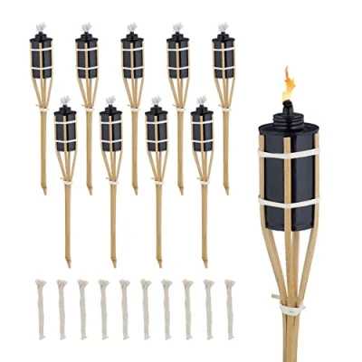 Imagen de Relaxdays 40 cm Antorchas para Exterior Alto, Set 10, Faroles Decoración Fiesta Jardín, Mechas de Recambio, Natural, Bambú
