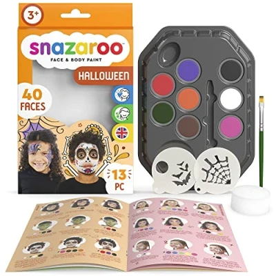 Imagen de Snazaroo Kit de Pintura Facial Personajes Halloween para Niños y Adultos, 8 Colores, 2 Plantillas, 1 Pincel, Esponja, Guía Paso a Paso, Base Agua, Maquillaje Pintacaras