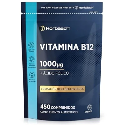 Imagen de Vitamina B12 y Ácido Fólico 1000 mcg 15 Meses de Suministro 450 Comprimidos Veganos para el Cansancio Fatiga Sistema inmunológico defensas Horbaach