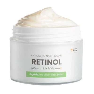 Imagen de Swedish Nutra Crema de Noche Antiedad Retinol I Tratamiento Hidratante y Luminoso Niacinamida, Vitamina E, Aloe Vera Ecológico, Manteca Karité Made in Sweden 50ml