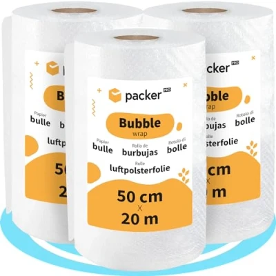 Imagen de packer PRO Rollo Plastico Burbujas Embalaje, 50cm Ancho (A) y 20m Longitud (L). Papel burbuja ideal para Mudanzas, Embalajes Envíos, Pack 3