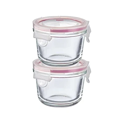 Imagen de Westmark Juego de 2 recipientes cristal con tapa clip, redondos, volumen llenado: 150 ml cada uno, apto para congelador, microondas y horno, cristal/silicona/plástico, transparente/rojo,