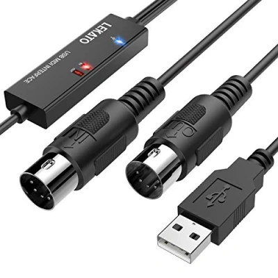 Imagen de LEKATO Cable MIDI, adaptador USB MIDI con luz indicadora interfaz de 5 pines teclado convertidor entrada 6,5 pies a PC/Mac/ordenador portátil