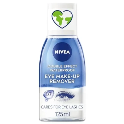 Imagen de NIVEA Removedor de maquillaje ojos impermeable doble efecto (125 ml), limpiador facial uso diario para y rímel con extracto aciano biotina