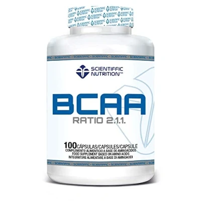 Imagen de Scientiffic Nutrition BCAA, Aminoácidos Esenciales Ramificados en Polvo Proporción 2:1:1, Mejora la Recuperación Muscular y el Aumento de Masa 100 Cápsulas.