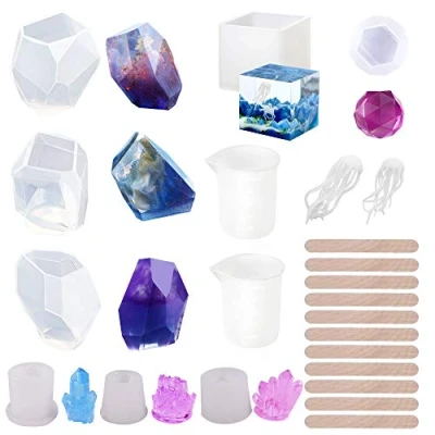 Imagen de Woohome Moldes Silicona Resina, 22 Pz de Joyería Incluyendo Cubos, Piedras, Piedras Cristal, Diamantes y Palos Madera para La Creación Joyas, Velas Artesanías