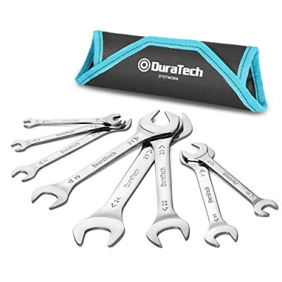 Imagen de DURATECH Juego de llaves doble extremo abierto súper finas para espacios estrechos, Llave boca, 8 piezas, métrico, 5,5 mm 27 mm, con bolsa transporte