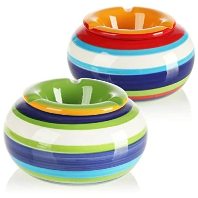 Imagen de COM FOUR® 2x ceniceros de viento cerámica en azul, amarillo, verde, rojo con rayas colores (02 piezas Ø 14 cm color)