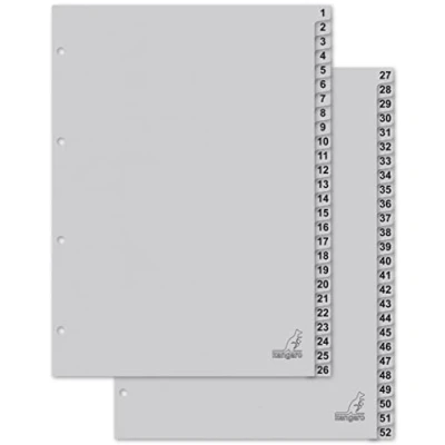 Imagen de Kangaro Separadores de cartón DIN A4, números 1 52, 180 g/m², reciclado, FSC gris, 52 piezas