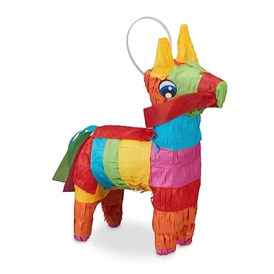 Imagen de Relaxdays Piñata Burro, Juego Fiesta Cumpleaños, para Colgar, Dulces, Niñas, 38x35x12 cm, Arcoíris, Multicolor, Papel, 19 x 13 5.5 cm
