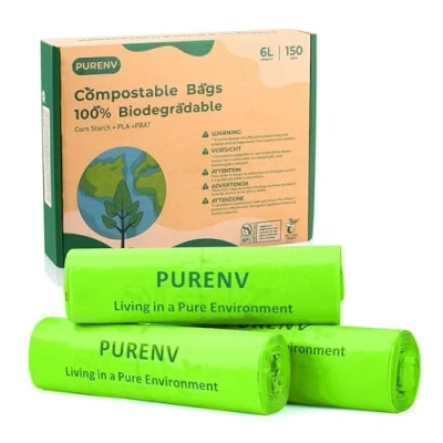 Imagen de PURENV 6L Bolsas de Basura Compostable, 150 Biológicas, 100% compostables y biodegradables, Certificado EN13432