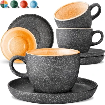 Imagen de Cosumy Set de 4 Tazas Capuchino 200ml en Cerámica con Platillos Juego Café Moderno Gres Grueso Esmalte Reactivo Hecho a Mano Mantiene el Calor por Más Tiempo (Amarillo)