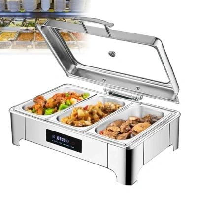 Imagen de Chafing Dish Electrico Comercial, 9L Calentador de Comida para Buffet Temperatura Ajustable con Mango Acero Inoxidable, Alimentos Banquetes Fiestas en Casa Boda(Size:3 grid)