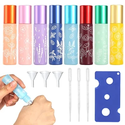 Imagen de prota 8 Piezas Botella Roll On de Vidrio, 10ml Rodillo Cristal Botellas Aceite, Rellenable Vidrio Rodillos con Bola Acero Inoxidable para Perfumes Aromaterapia Masajes