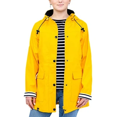 Imagen de Breizh Ocean Chaquetón impermeable para mujer, GUIDEL Chubasquero con capucha, costuras termoselladas, impermeable. Forrado rayas estilo marinero.