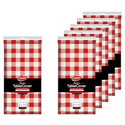 Imagen de Neatiffy Paquete de 6 manteles rectangulares plástico 54 x 108 pulgadas, para picnic, camping, fiesta, banquete, desechables y reutilizables (cuadros rojos, 6)