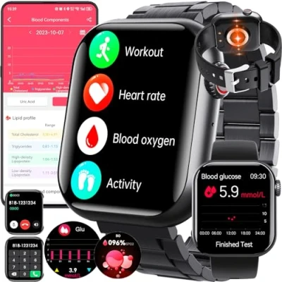 Imagen de Fohatu 𝐆𝐥𝐮𝐜𝐨𝐬𝐚𝐞𝐧𝐬𝐚𝐧𝐠𝐫𝐞 Reloj Inteligente Llamada Bluetooth Fitness Spo2 Frecuencia Cardiaca Ácido Úrico Lípidos En Sangre Monitor,130+ Deporte, Smartwatch para Android iOS,Black
